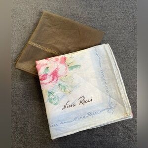 Nina Ricci Set of 2 Floral Olive-Brown Handkerchief Scarf Bandana Pocket Square